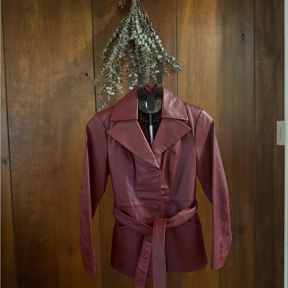 True Vintage East 5th Burgundy Faux Leather Belted Jacket